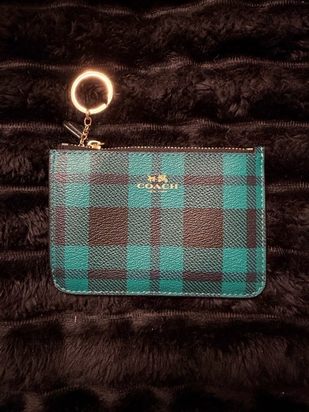 Coach Teal and Black Plaid Zip Card Case with Key Ring